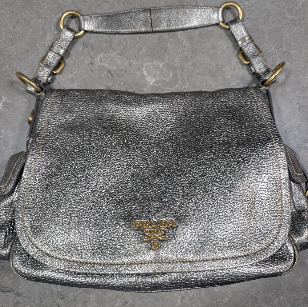 Y2K Prada Silver Vitello Daino Leather Shoulder Bag
